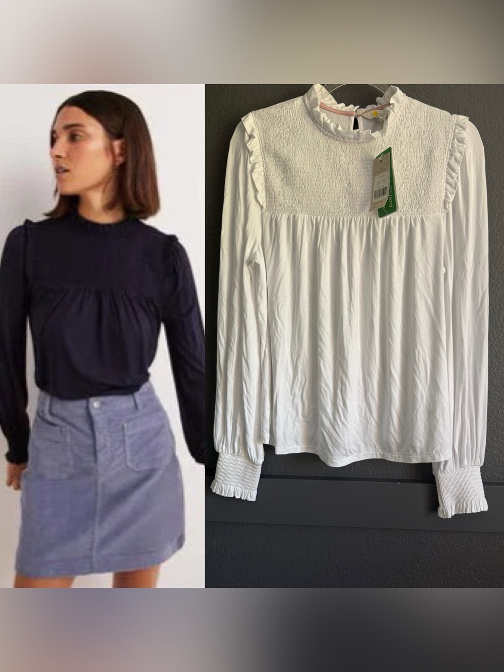 BODEN • NWT Smocked Ruffle Yoke Long-Sleeve Top - White Size 8